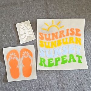 Set of 3 Vinyl stickers Beach theme Sunset flip flops for cups, coolers etc NEW